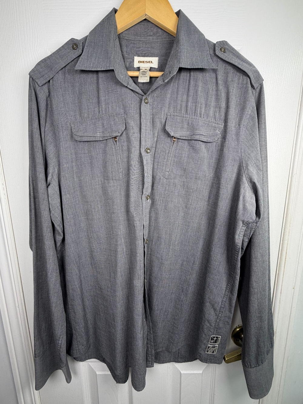 Diesel Gray Button Down Shirt Men's XL Military Utility Zip Pocket 100% Cotton